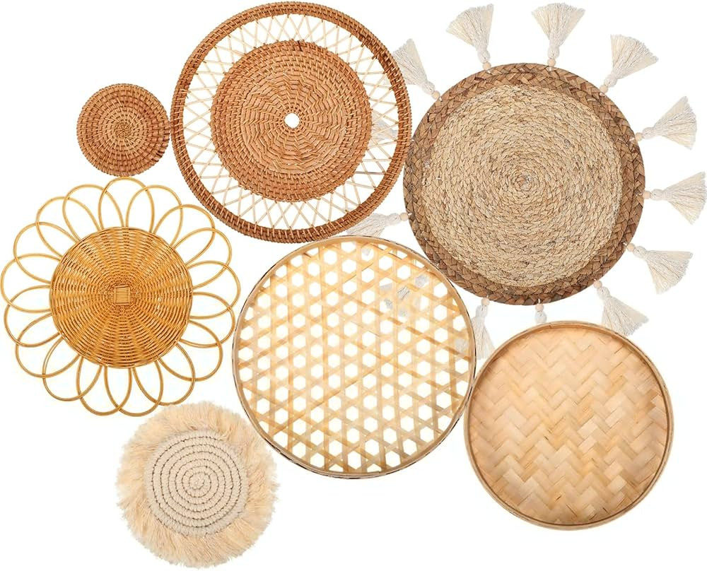 Sieral Set of 7 Wall Basket Decor Boho Hanging Rattan Flat Round Woven Macrame Tassels White Tape... | Amazon (US)
