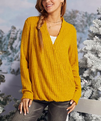 Suzanne Betro Weekend Mustard Ribbed-Knit Surplice Top - Women | Zulily