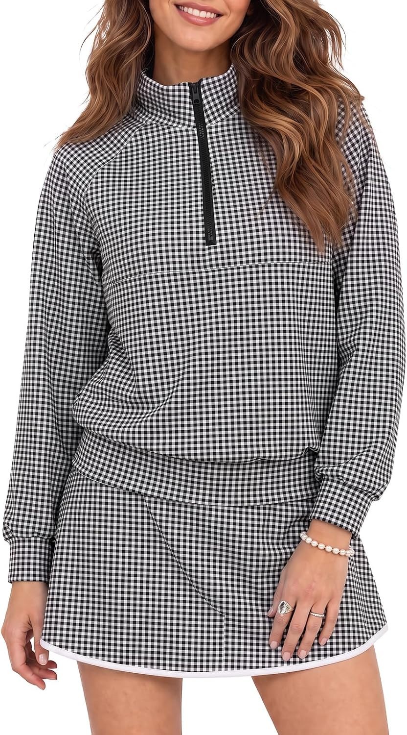 Fisoew Womens 2 Piece Outfits Gingham Half Zip Sweatshirts Mini Skorts Set | Amazon (US)