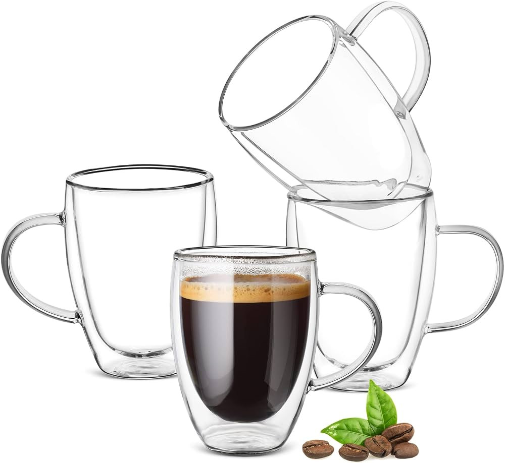 Ulrikco 12oz Double Walled Glass Coffee Mugs with Handle, Clear Cappuccino Glass Mug Set of 4, In... | Amazon (US)