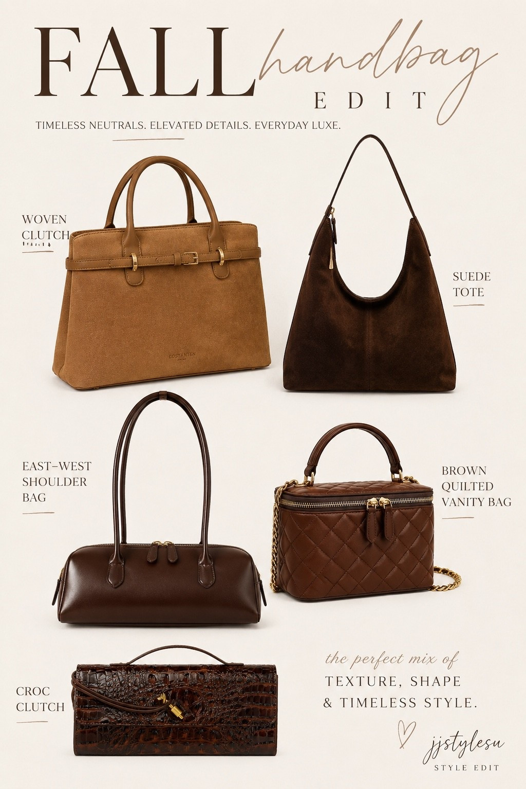 Fall handbags are having a moment, and these Amazon finds look so much more expensive than they are. 🤎🍂

From rich suede textures to woven details and classic chocolate brown silhouettes, these are the bags I’m loving for fall. They elevate everything from jeans and sweaters to dresses without the designer price tag.

✨ Which one would you carry first—the suede tote, woven satchel, croc clutch, or quilted vanity bag?

#LTKFinds #AmazonFinds #AmazonFashion #FallStyle #FallHandbags #NeutralStyle #BrownBags #QuietLuxuryStyle #LTKFashion #AffordableStyle #EverydayStyle #FallWardrobe #StyleInspo #HandbagLover #LTKFall
# LTKBag

#LTKSeasonal #LTKOver40 #LTKootd