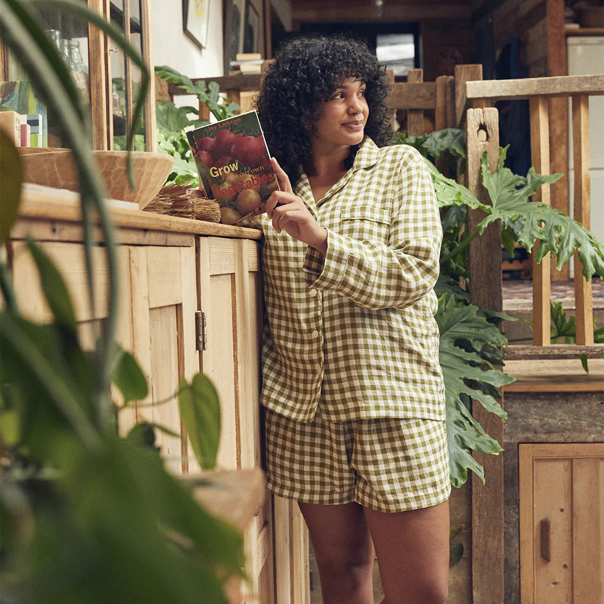 Botanical Green Gingham Linen Pyjama Shorts | Piglet