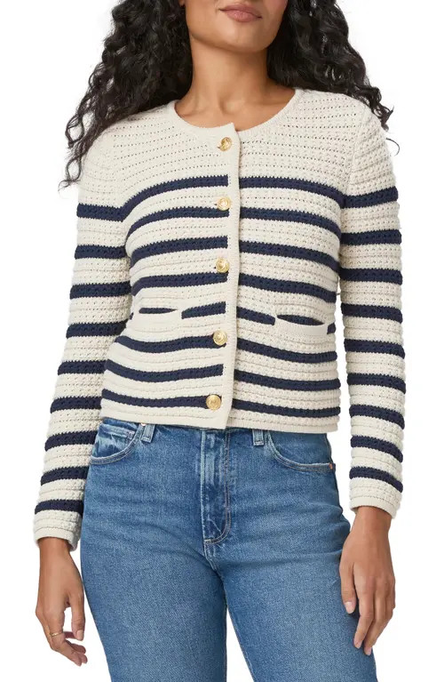 PAIGE Oberon Stripe Cotton Blend Cardigan in Ivory/Dark Ink Blue at Nordstrom, Size Medium | Nordstrom