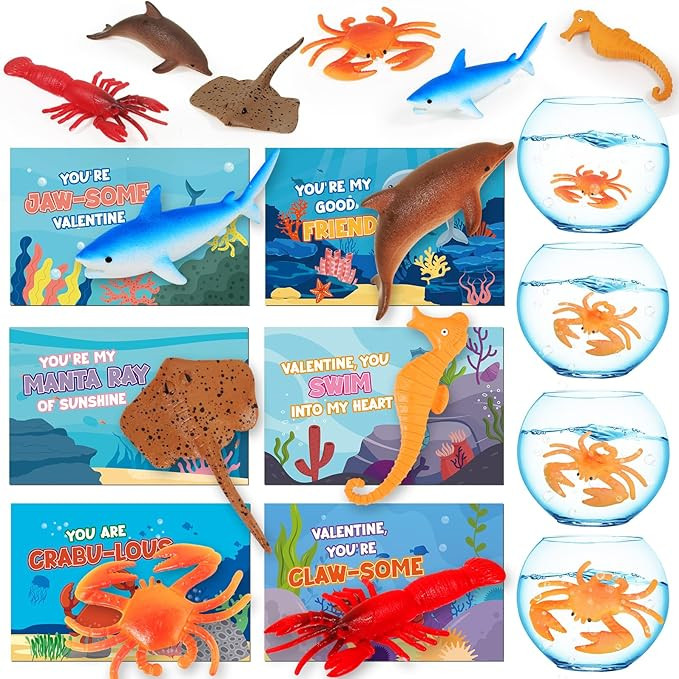 Valentines Day Cards for Kids, 24 Pack Expandable Sea Ocean Animal Toys with Valentines Day Cards... | Amazon (US)