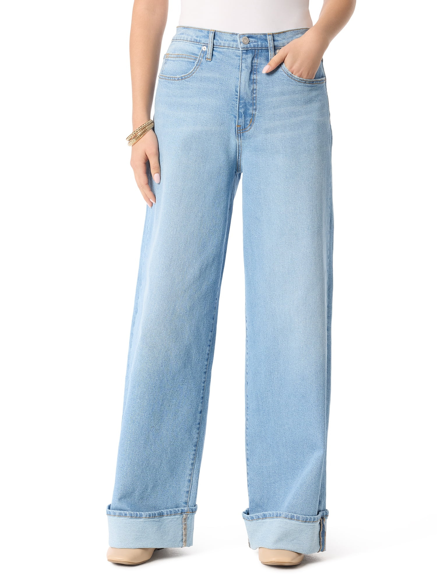 Jessica Simpson Women's and Women's Plus Freesia Wide Leg Cuffed Jeans, 32" Inseam, Sizes 2-24W | Walmart (US)
