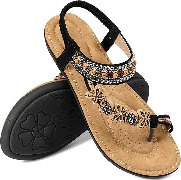 Ablanczoom Flat Sandals for Women Summer: Casual Boho Beaded Toe Ring Dress Shoes - Comfortable V... | Amazon (US)