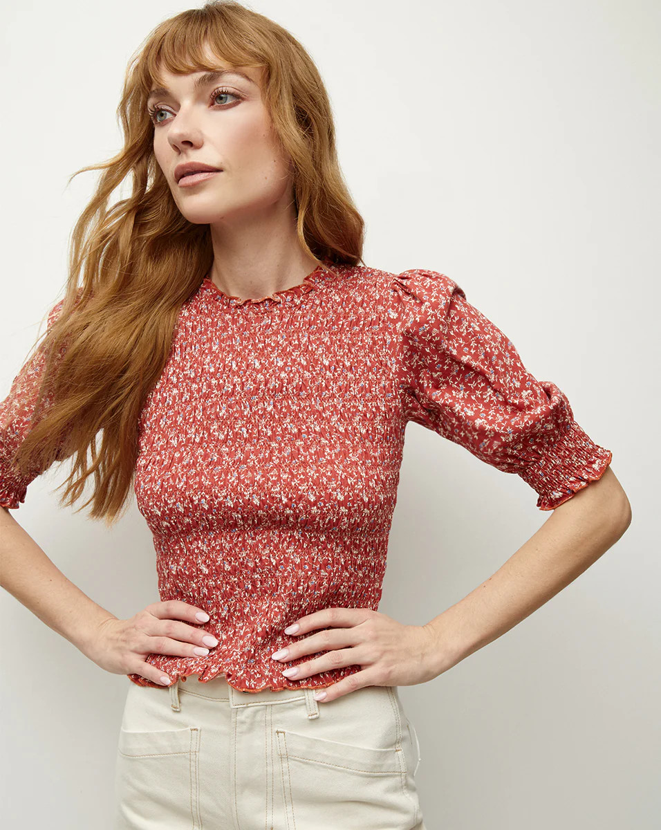 Langston Smocked Top in Brick Red/White | Veronica Beard | Veronica Beard