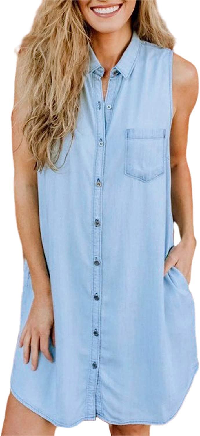 Kidsform Women's Long Sleeve Blouse Dress Denim Shirt Dresses Button Down Chambray Cotton Tops wi... | Amazon (US)