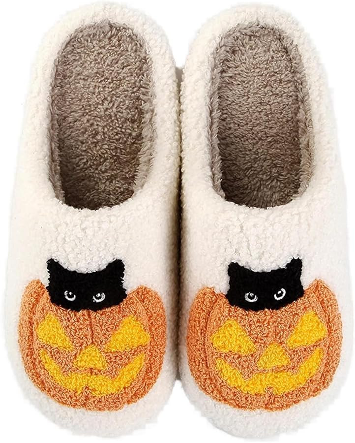 Halloween Pumpkin Slippers for Women Men Spooky Slides Soft Plush Fuzzy House Slippers Indoor Out... | Amazon (US)