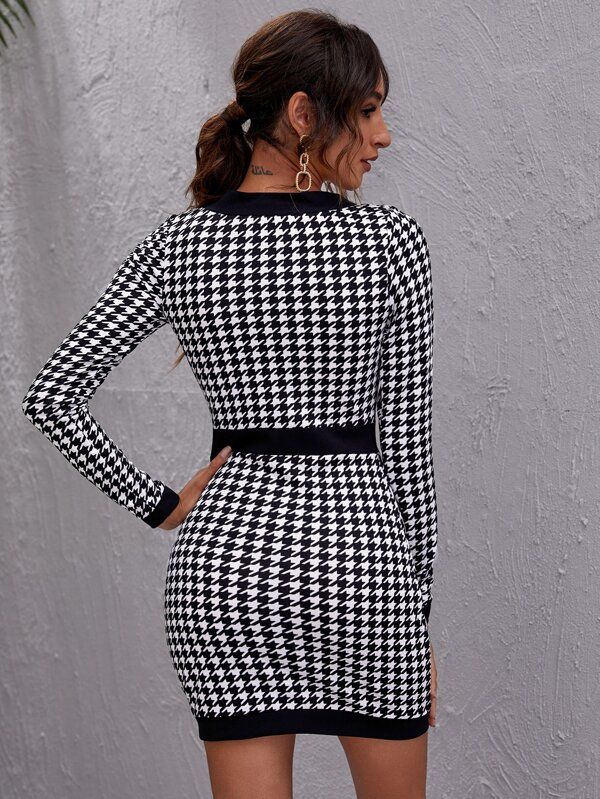 Button Front Houndstooth Bodycon Dress | SHEIN