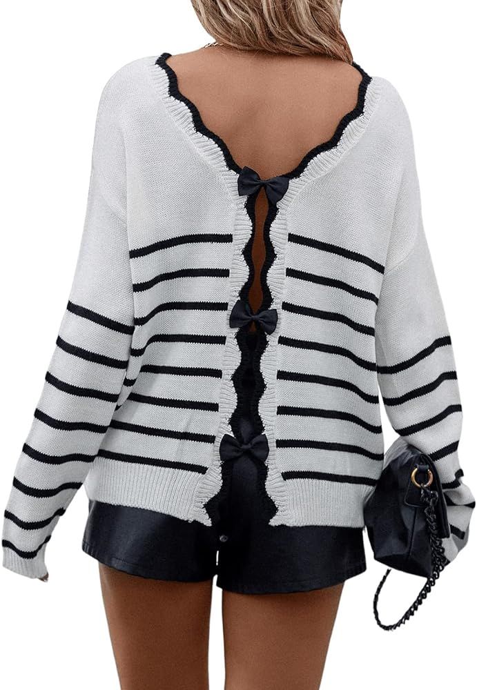 Women's Bow Back Long Sleeve Sweater Striped Print Scallop Trim Pullover Top | Amazon (US)