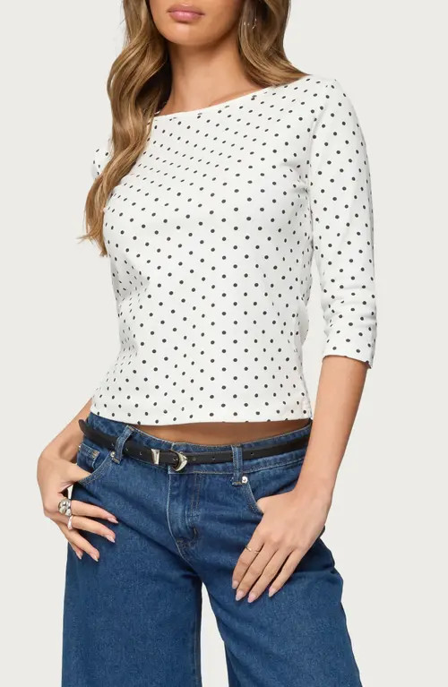 EDIKTED Lela Polka Dot Quarter Sleeve Shirt in White-And-Black at Nordstrom, Size Large | Nordstrom