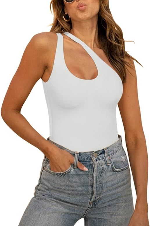REORIA Women’s Sexy One Shoulder Cutout Front Backless Sleeveless Tank Top Bodysuits | Amazon (US)