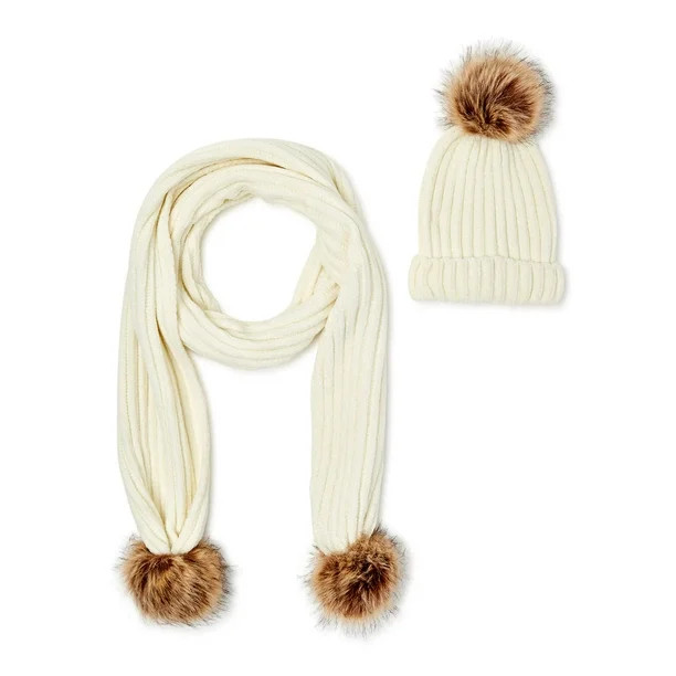 Time and Tru Rib Chenille Beanie with Faux Fur Pom & Rib Chenille Oblong with Faux Fur Poms Set, ... | Walmart (US)