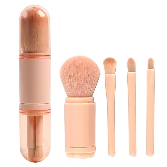 Small Makeup Brush Set Pink - 4 in 1 Portable Travel Lip Brush, Highlight Brush, Eyeshadow Brush,... | Amazon (US)