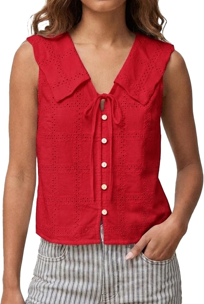 Womens Embroidered Tank Tops Eyelet Collared Button Down Shirts | Amazon (US)