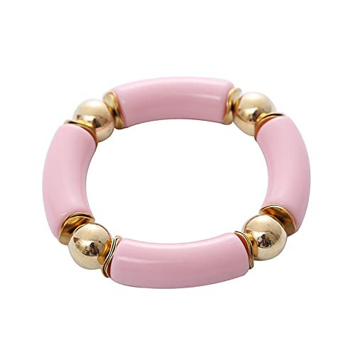 Gold Plated Beaded Acrylic Bamboo Tube Bangle Bracelets Colorful Summer Beach Chunky Curved Tube Stretch Bracelet for Women Stacking Friendship Jewelry-D pink | Amazon (US)