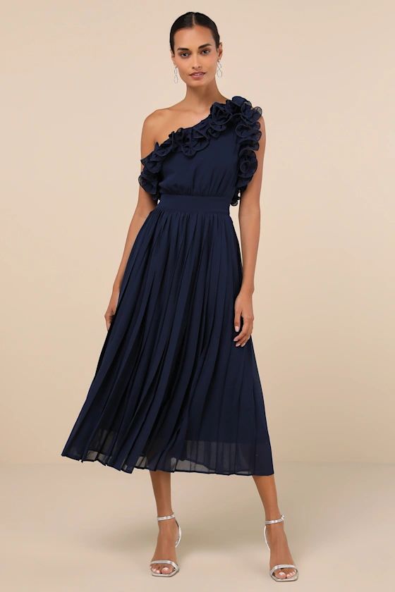 Splendid Charisma Navy Ruffled Pleated One-Shoulder Midi Dress | Lulus