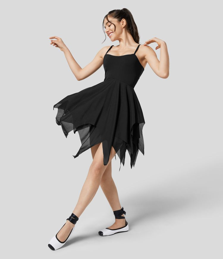 Contrast Mesh Hanky Hem 2-in-1 Side Pocket Dance Slip Dress-Easy Peezy | HALARA