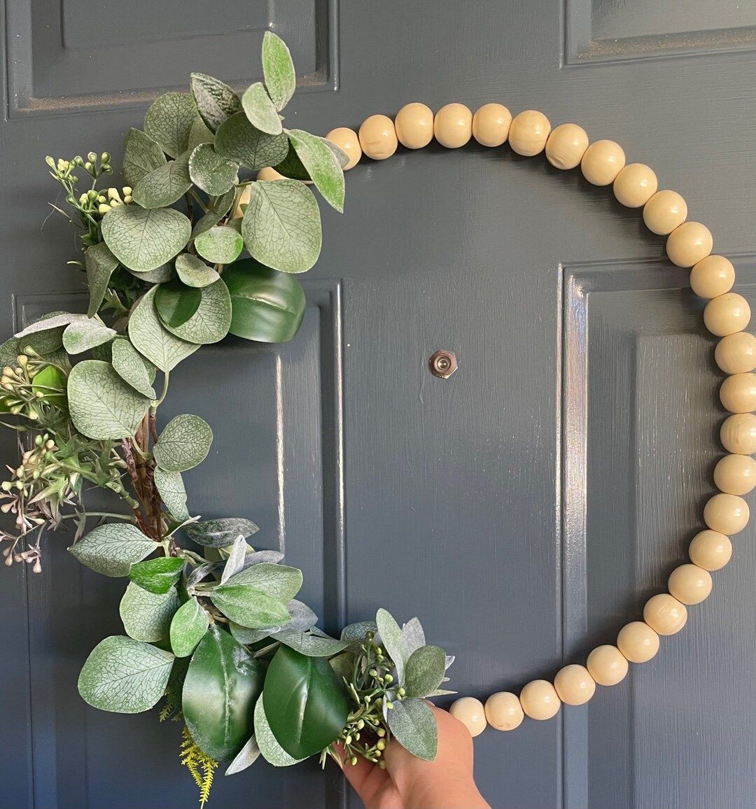 Eucalyptus and Wood Beads Wreath - Year Round HOOP Wreath - Front Door Farmhouse Decor | Etsy (US)