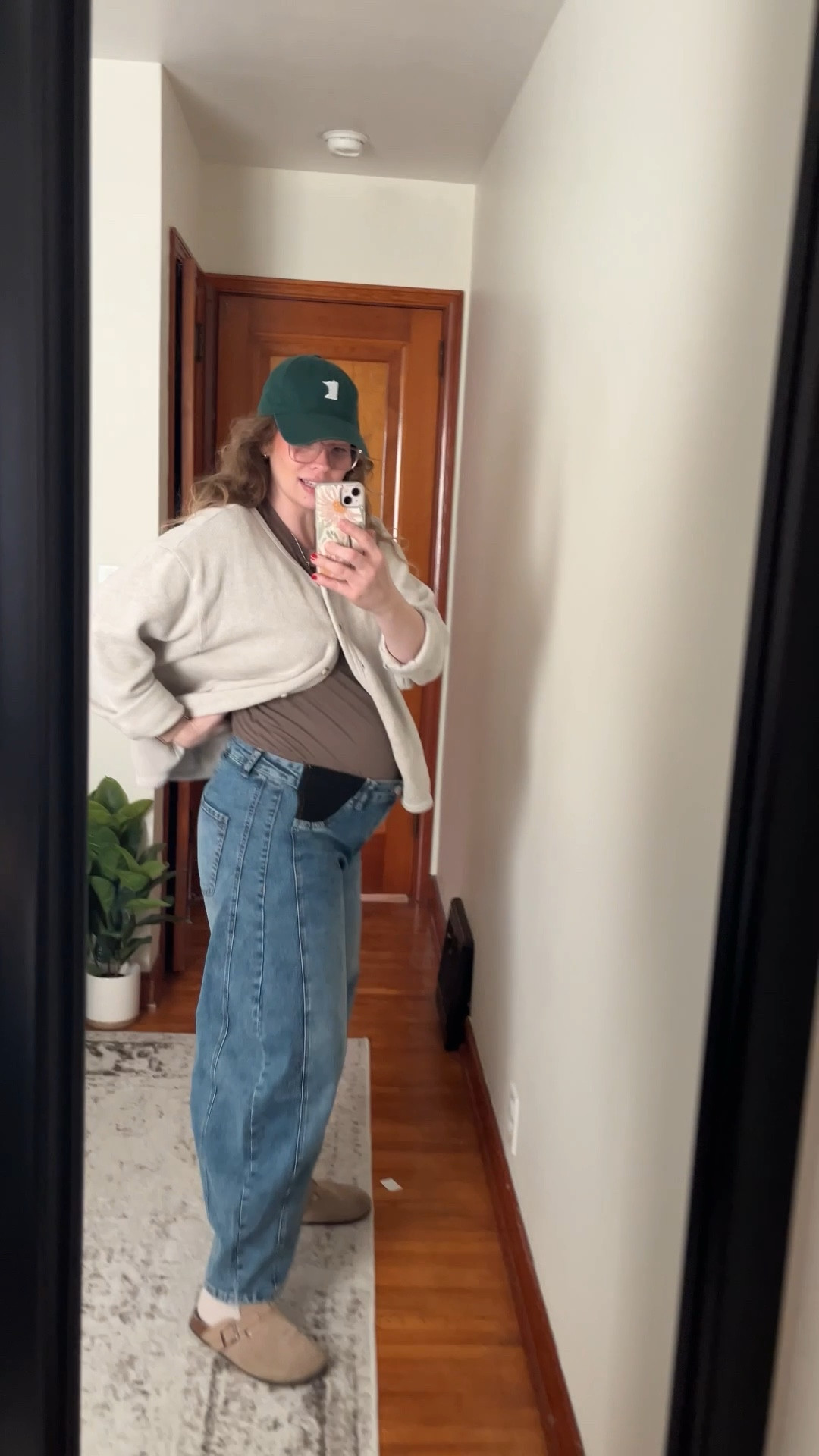 Pumpkin patch outfit 🥰

Size large in maternity jeans, size large in shirt, size large in cardigan. 