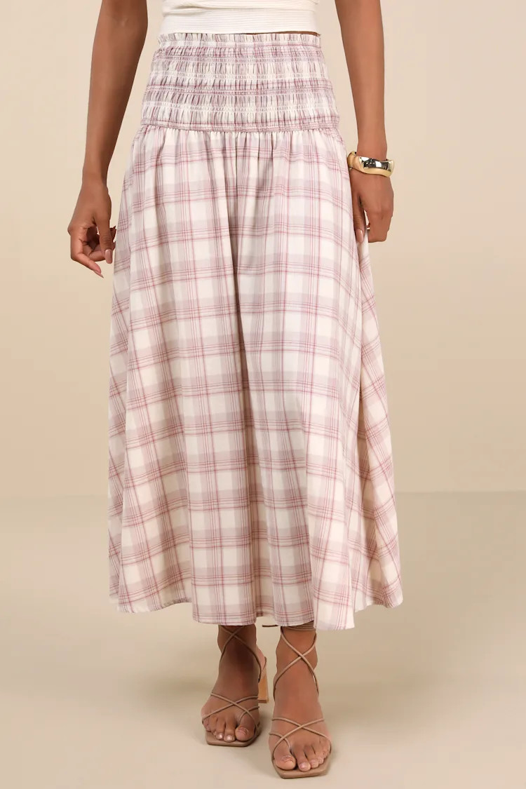 Mayden Pink and Cream Plaid Smocked Maxi Skirt | Lulus