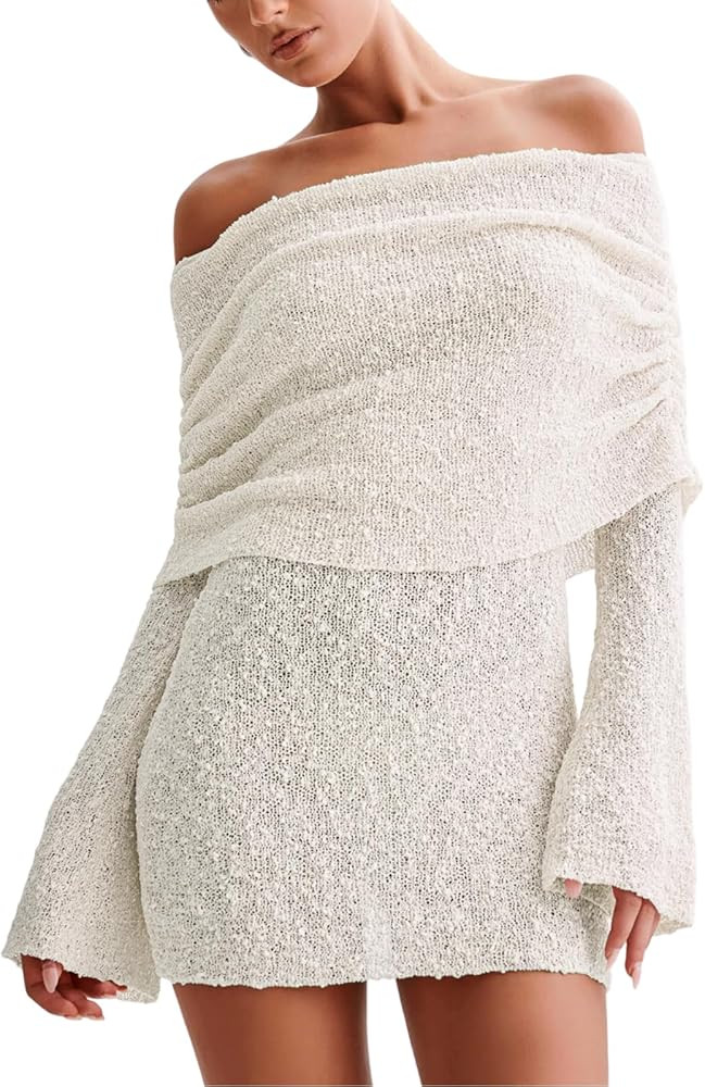 Women's Beach Cover Ups Dress Off Shoulder Bell Sleeve Sexy Summer Vacation Swimwear Bodycon Cove... | Amazon (US)