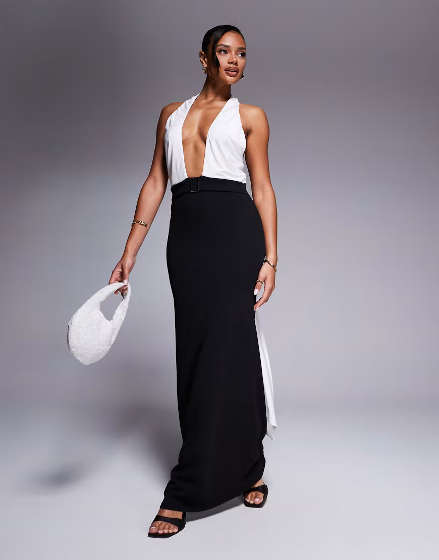 ASOS DESIGN cross over halter neck with drape detail maxi dress in black and white-Multi | ASOS (Global)