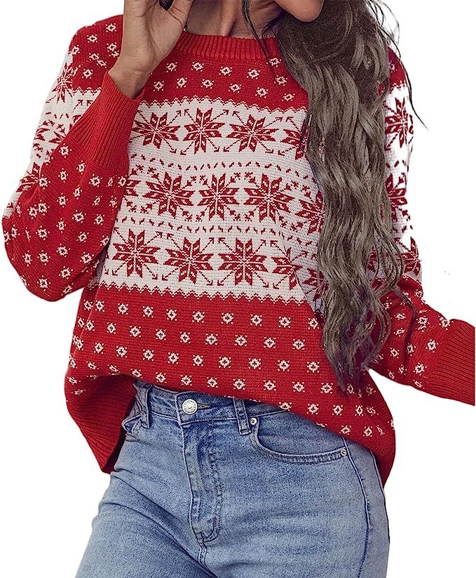Jillumi Womens Ugly Christmas Sweater Snowflakes Long Sleeve Knit Pullover Crewneck Sweatshirts T... | Amazon (US)
