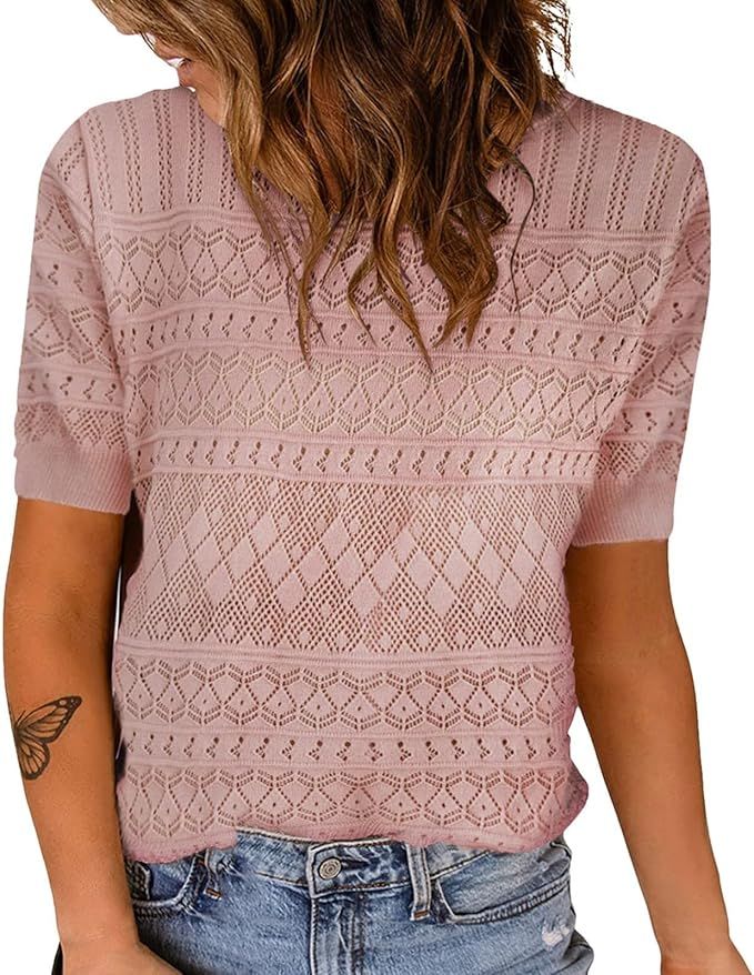 Extra Long Sleeve Womens Short Sleeve Sweaters Tops Crew Neck Pullover Shirt Lightweight Knit Swe... | Amazon (US)