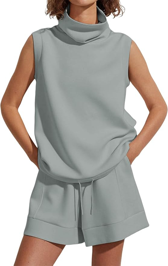 Meladyan Women 2 Piece Tracksuit Turtleneck Sleeveless Vest Tank High Waist Drawstring Shorts wit... | Amazon (US)