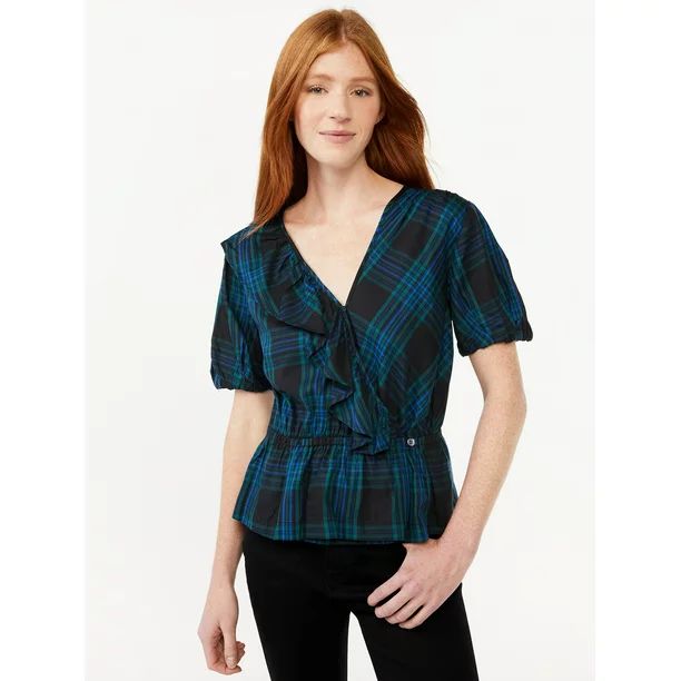 Free Assembly Women's Ruffle Wrap Top with Short Sleeves - Walmart.com | Walmart (US)