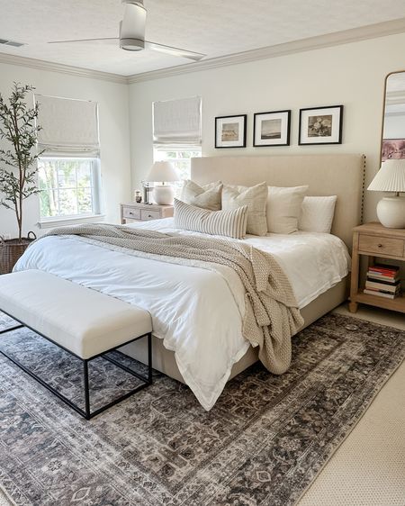 Bedroom details: new bench from pottery barn, and a sale on my area rug! It’s 15% off at rugs direct with code CALLIE15. I recommend an 8 x 10 to 9 x 12 size for a king sized bed, and 6 x 9 or 8 x 10 for a queen. 

#LTKstyletip #LTKhome #LTKsalealert