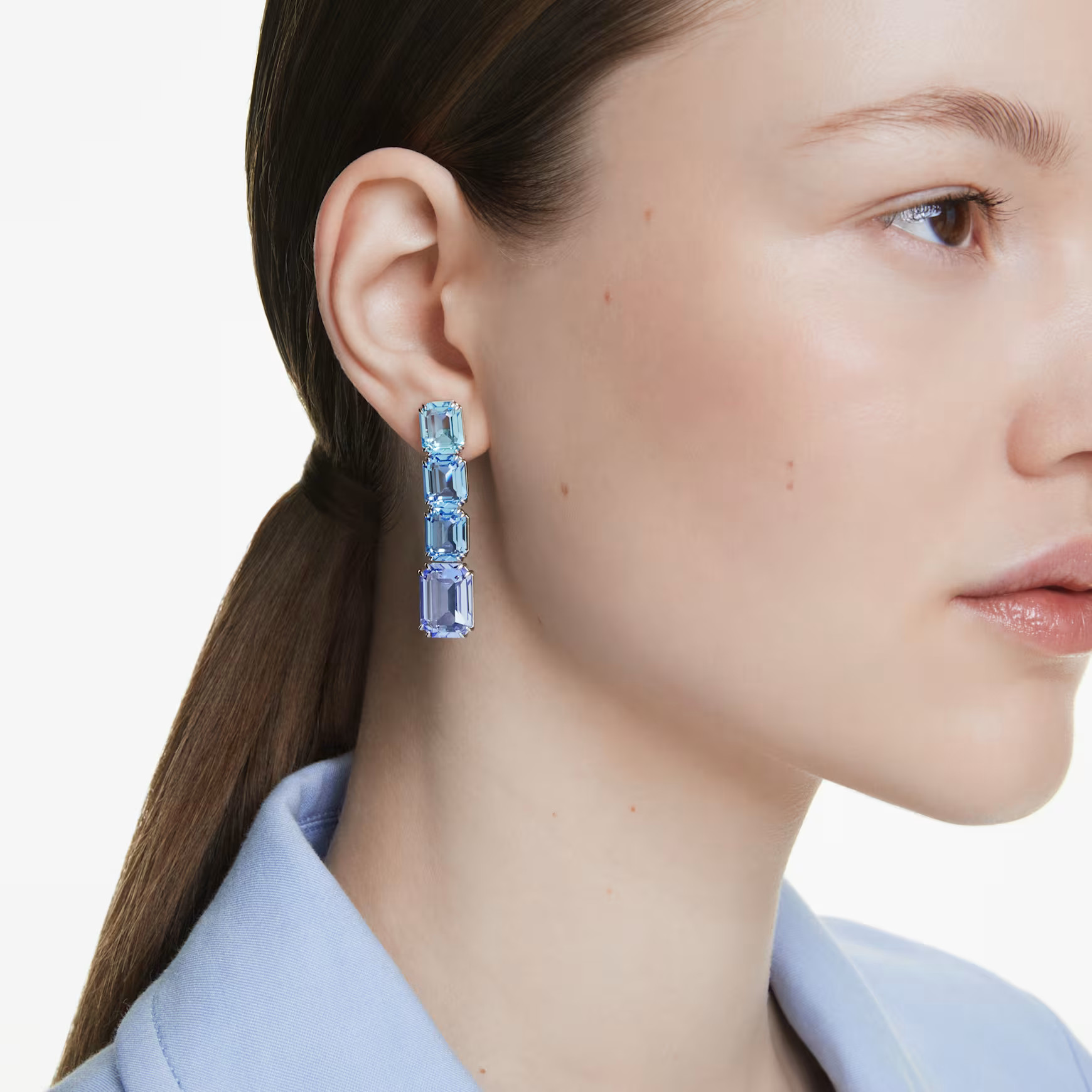 Millenia drop earrings, Octagon cut, Color gradient, Blue, Rhodium plated by SWAROVSKI | SWAROVSKI
