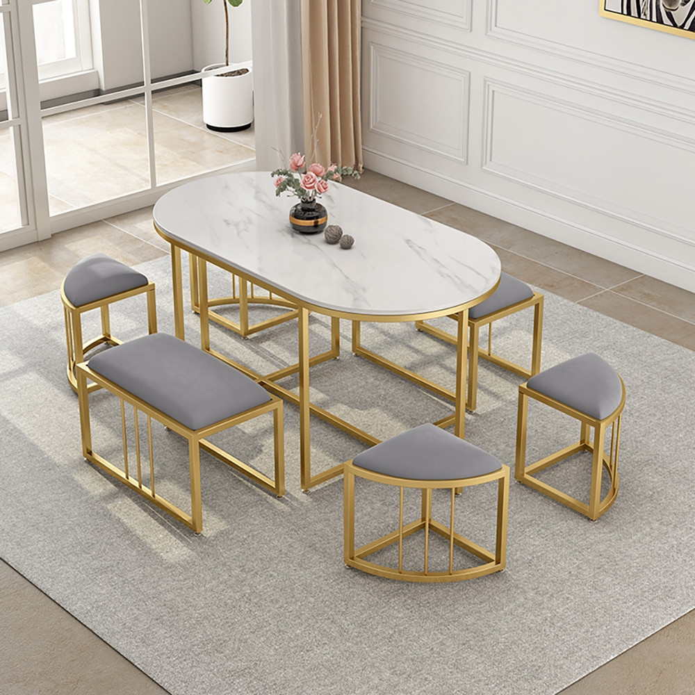 Dining Table Set 59.1"" Oval Faux Marble Dining Table with 6 Chairs Affordable Luxury Modern | Homary
