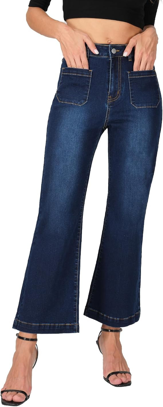Women’s Wide Leg Petite Jeans High Waisted Stretchy Cropped Flare Jeans with Patch Pockets | Amazon (US)