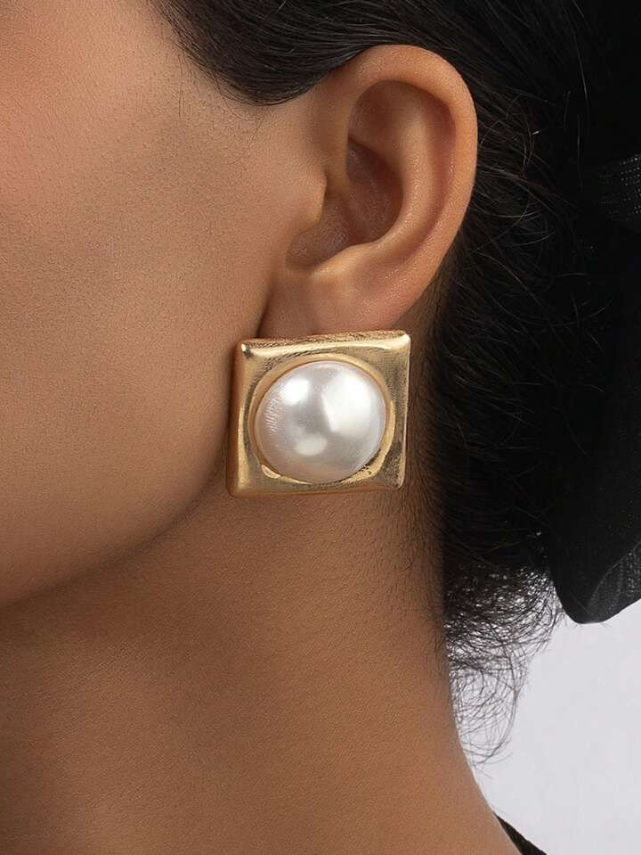 1pair Fashionable & Personalized Statement Faux Pearl Inlaid Earrings For Women, Suitable For Dai... | SHEIN