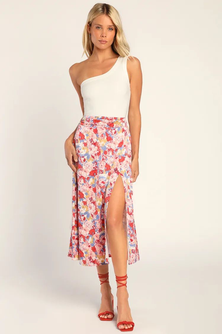 In Bloom Pink Multi Floral Print Midi Skirt With Slit | Lulus (US)