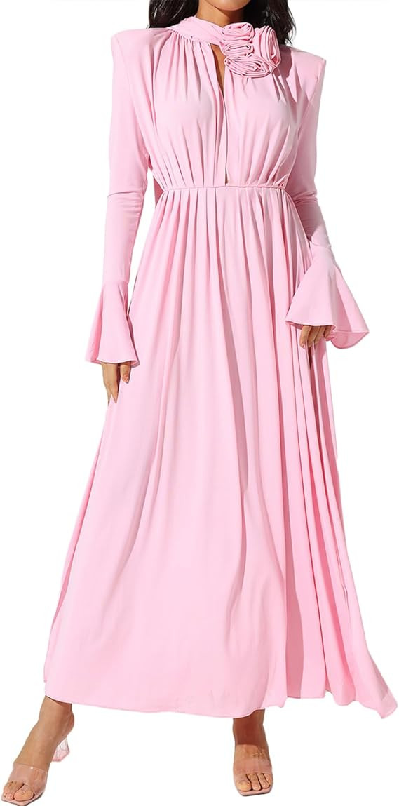 Maxi Pink Pleated Dress for Women Wedding Guest Dress Long Sleeve Cocktail Dress High Collar Vaca... | Amazon (US)