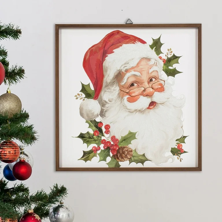Mistletoe Santa Framed Transitional Christmas Wall Art, 22" x 22", by Holiday Time - Walmart.com | Walmart (US)