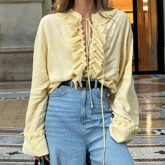 Women Elegant Ruffles Lace Up Shirt Summer Oversized V Neck Long Sleeve Blouse | Poshmark