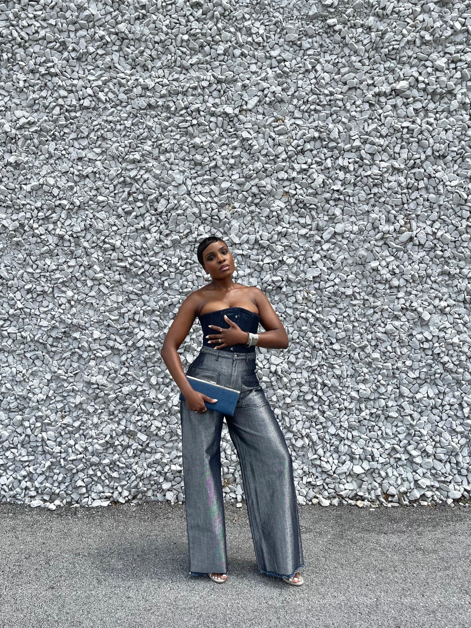 Dark blue denim, all denim outfit, jean outfit idea, denim corset, metallic pumps, pixie cut, marques Almeida, edgy outfit 
