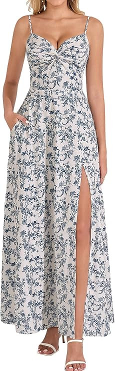 EYNMIN Floral Maxi Wedding Guest Dresses for Women Summer Milkmaid Sundress Flowy Smocked Slit Te... | Amazon (US)