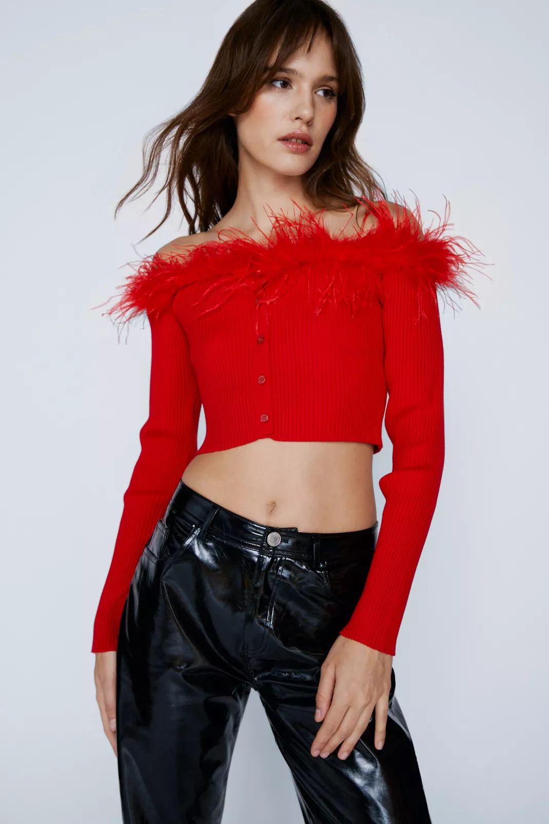 Feather Trim Button Front Knitted Bardot Top | Nasty Gal (US)