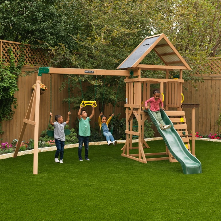 KidKraft Lawnmeadow Wooden Outdoor Swing Set with Slide and Monkey Bars - Walmart.com | Walmart (US)