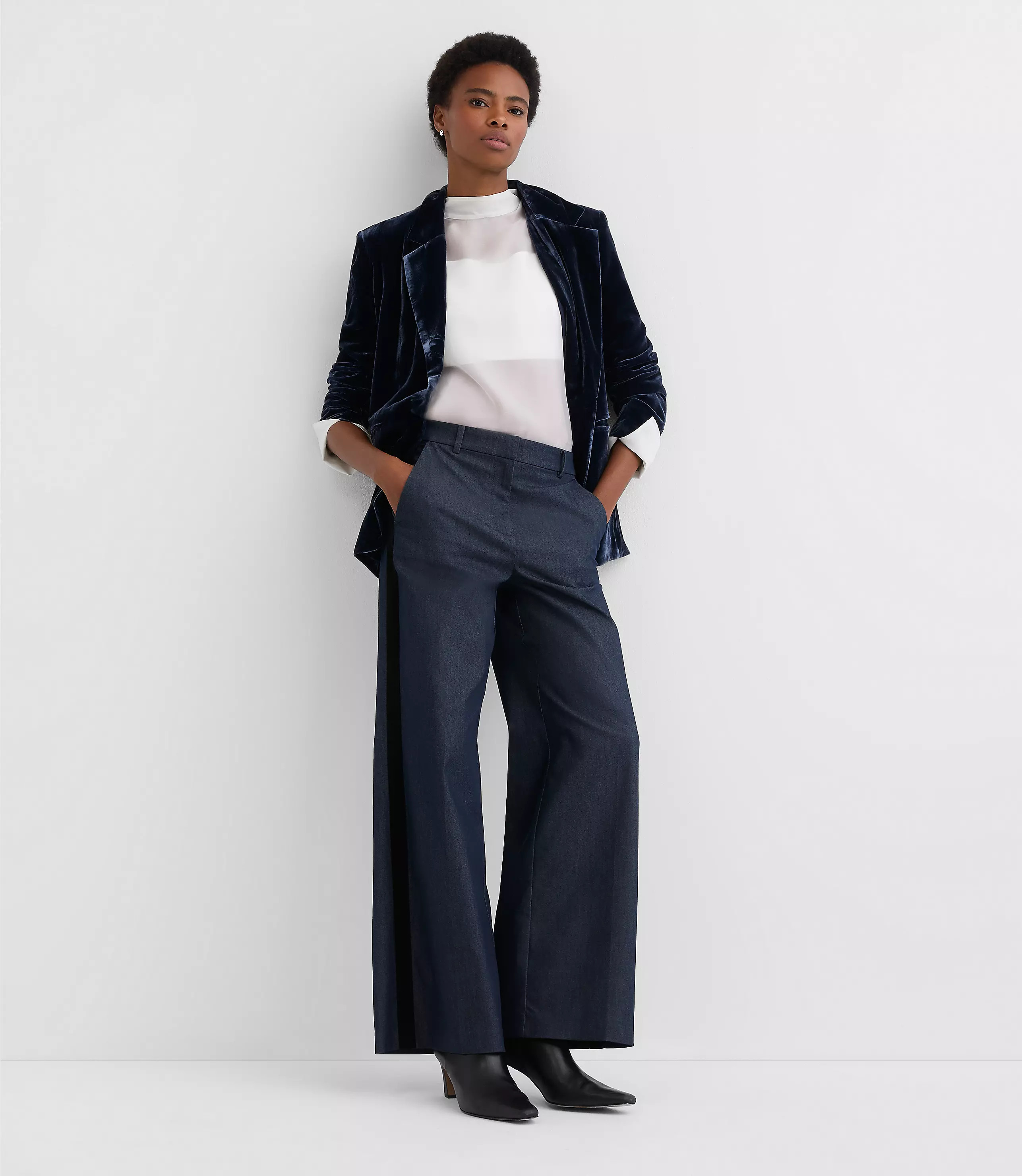 Velvet Tuxedo Stripe Clean Wide Leg Pants in Refined Denim | LOFT