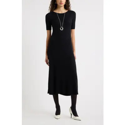 Nordstrom Rib Boat Neck Sweater Dress in Black at Nordstrom, Size Large | Nordstrom