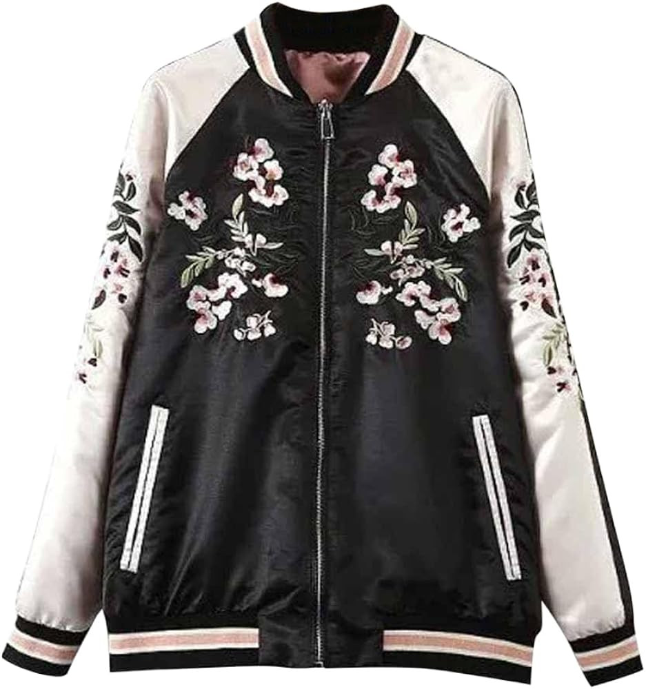 Women's Floral Phoenix Embroidered Reversible Bomber Jacket Black Red | Amazon (US)