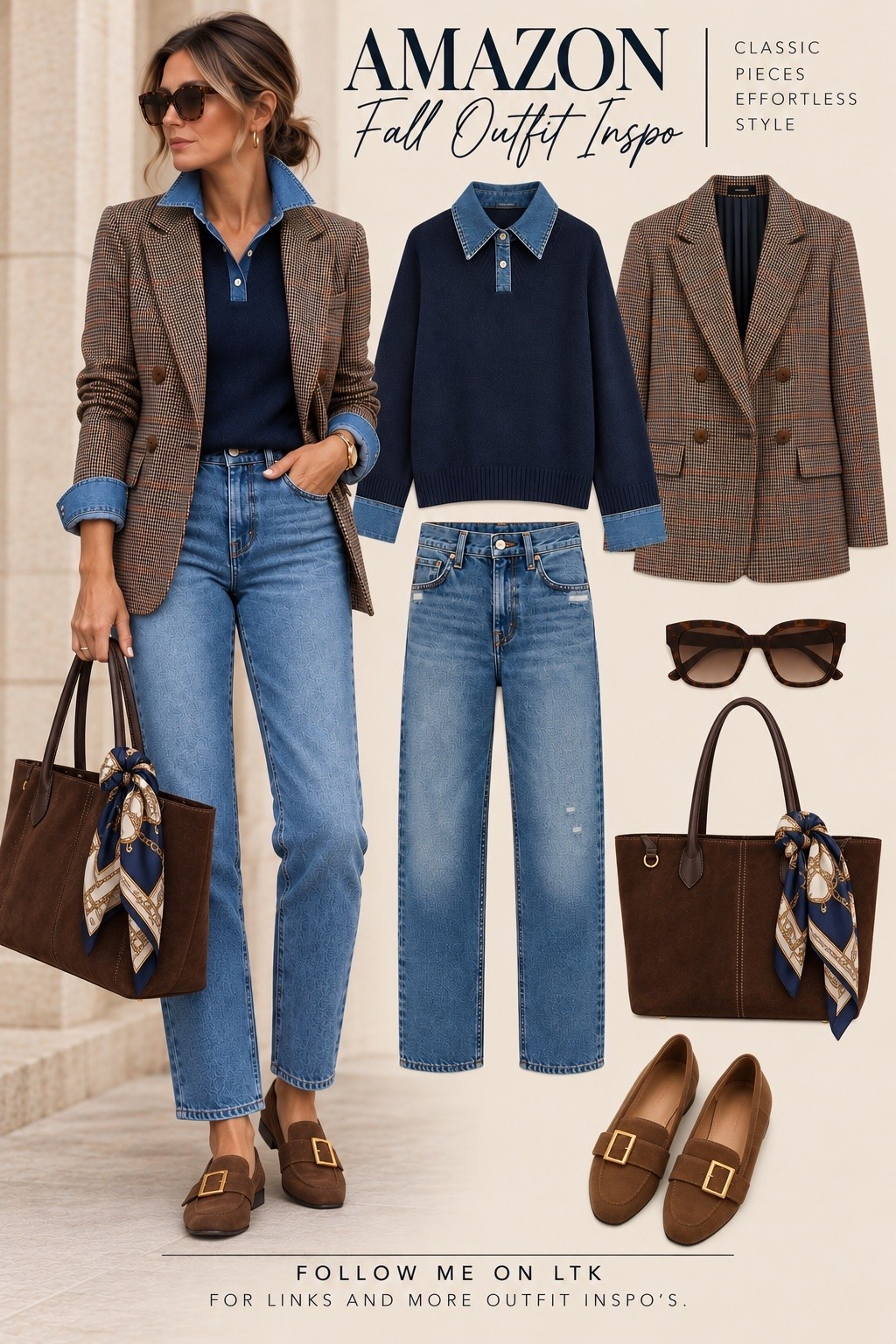Some outfits don’t need much to make an impact. A great pair of jeans, a classic navy knit, a tailored plaid blazer and rich brown accessories — simple pieces that just work together. The scarf tied to the tote adds that little something without trying too hard. 🤎

Classic, polished and easy to wear now and for years to come.

Follow me on LTK for links + more outfit inspo.

#AmazonFashion #AmazonStyle #FallOutfitInspo #ClassicStyle #TimelessStyle #Over40Style #Over50Style #FallFashion #EverydayStyle #OutfitInspo

#LTKootd #LTKOver40 #LTKMidsize