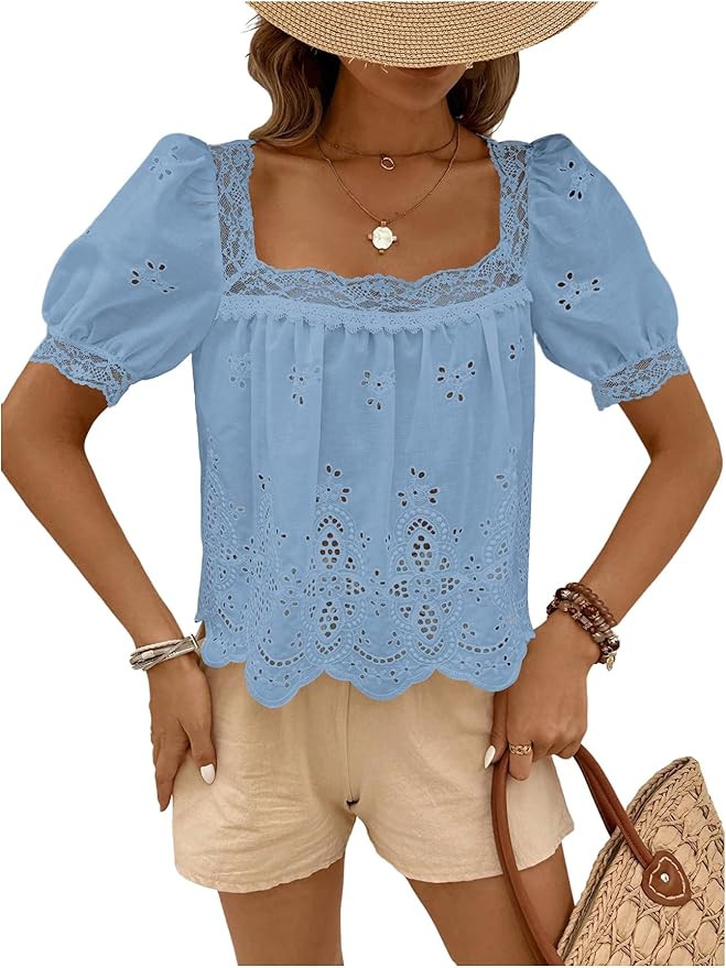 SweatyRocks Women's Square Neck Puff Sleeve Eyelet Lace Hollow Out Embroidered Top Blouse | Amazon (US)